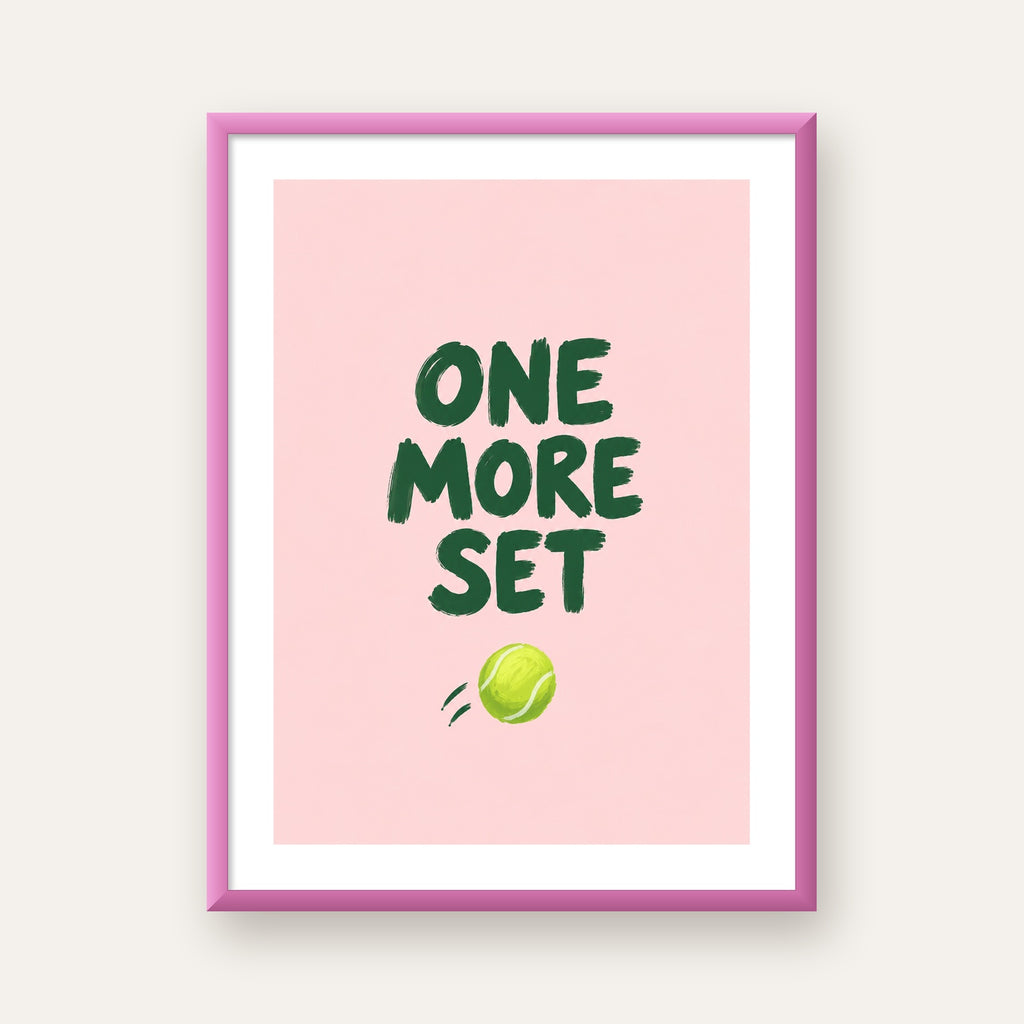 ONE MORE SET Motivasyon Tenis Posteri – Modern Duvar Dekoru — pembe çerçeveli paspartulu
