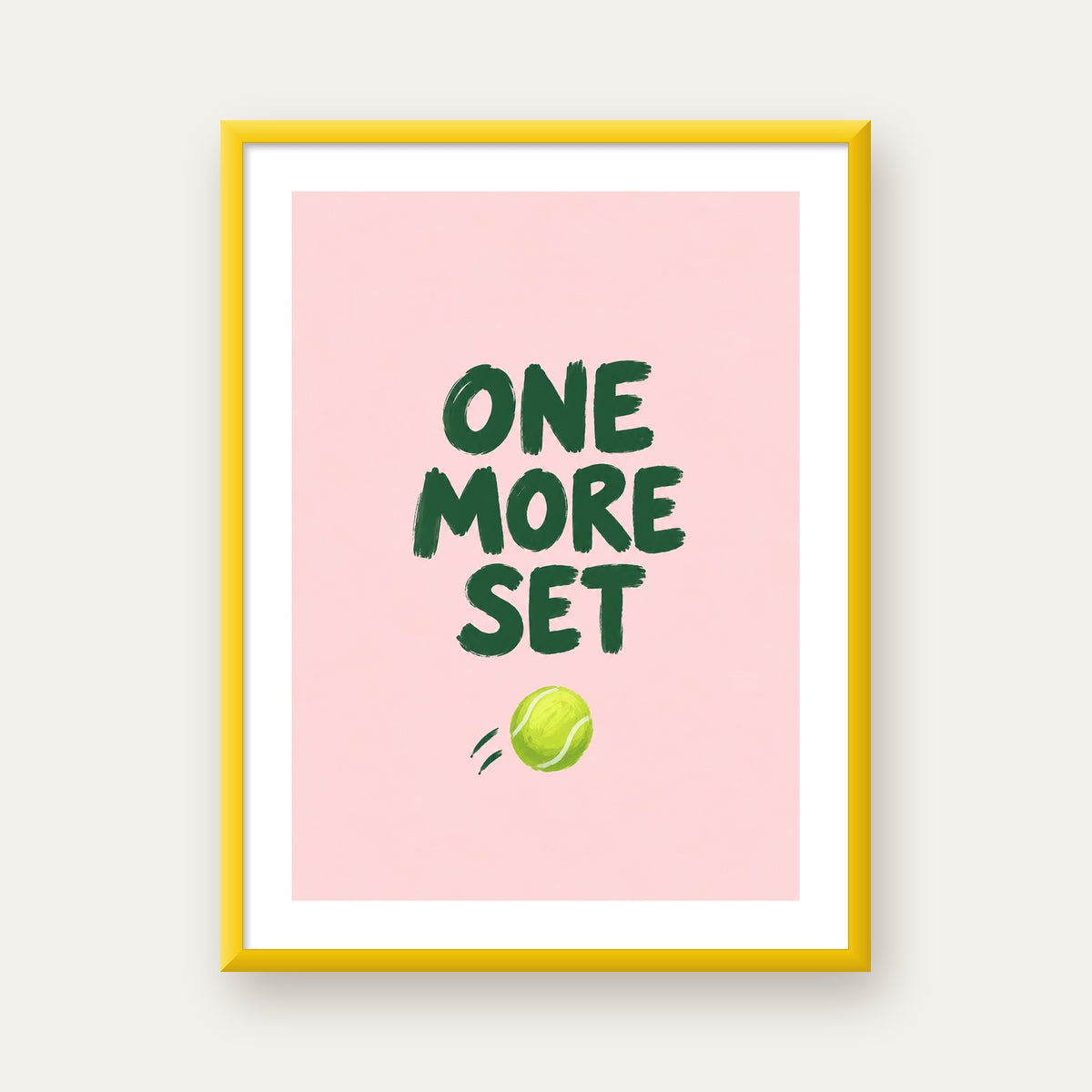 ONE MORE SET Motivasyon Tenis Posteri – Modern Duvar Dekoru — sarı çerçeveli paspartulu