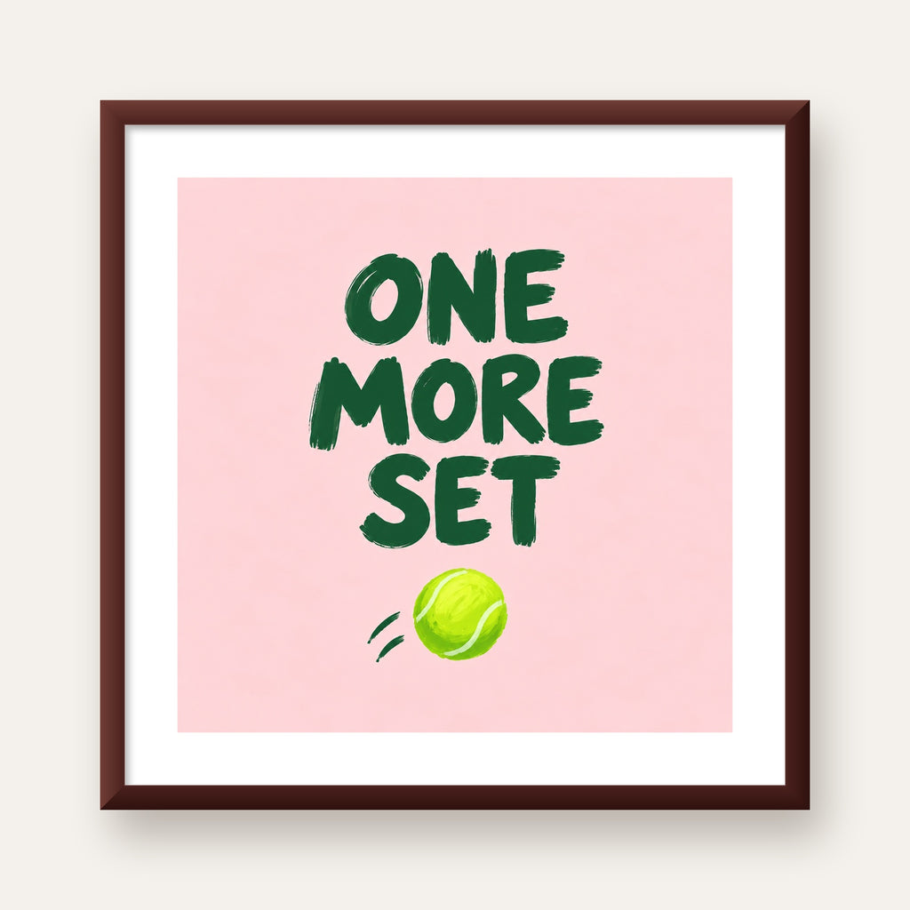 ONE MORE SET Motivasyon Tenis Posteri – Modern Duvar Dekoru — ceviz çerçeveli paspartulu