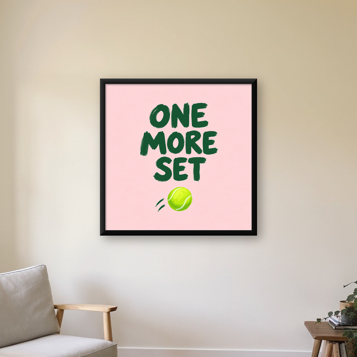 ONE MORE SET Motivasyon Tenis Posteri – Modern Duvar Dekoru — Kare baskı, çerçeveli hâliyle bir ev duvarında