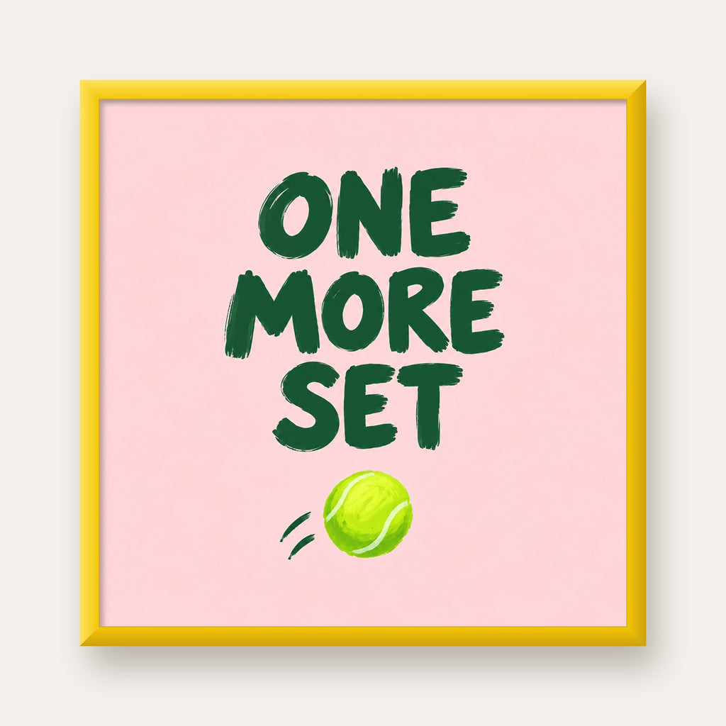 ONE MORE SET Motivasyon Tenis Posteri – Modern Duvar Dekoru — sarı çerçeveli