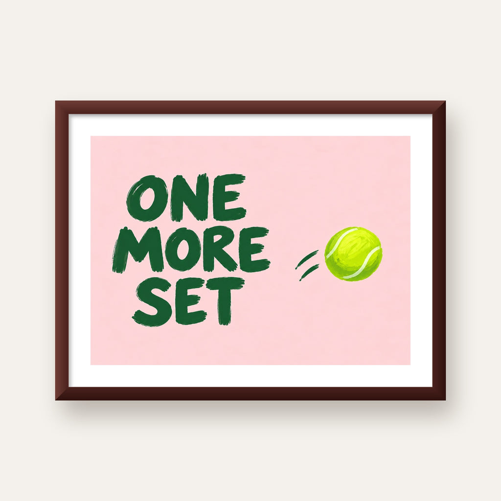 ONE MORE SET Motivasyon Tenis Posteri – Modern Duvar Dekoru — ceviz çerçeveli paspartulu