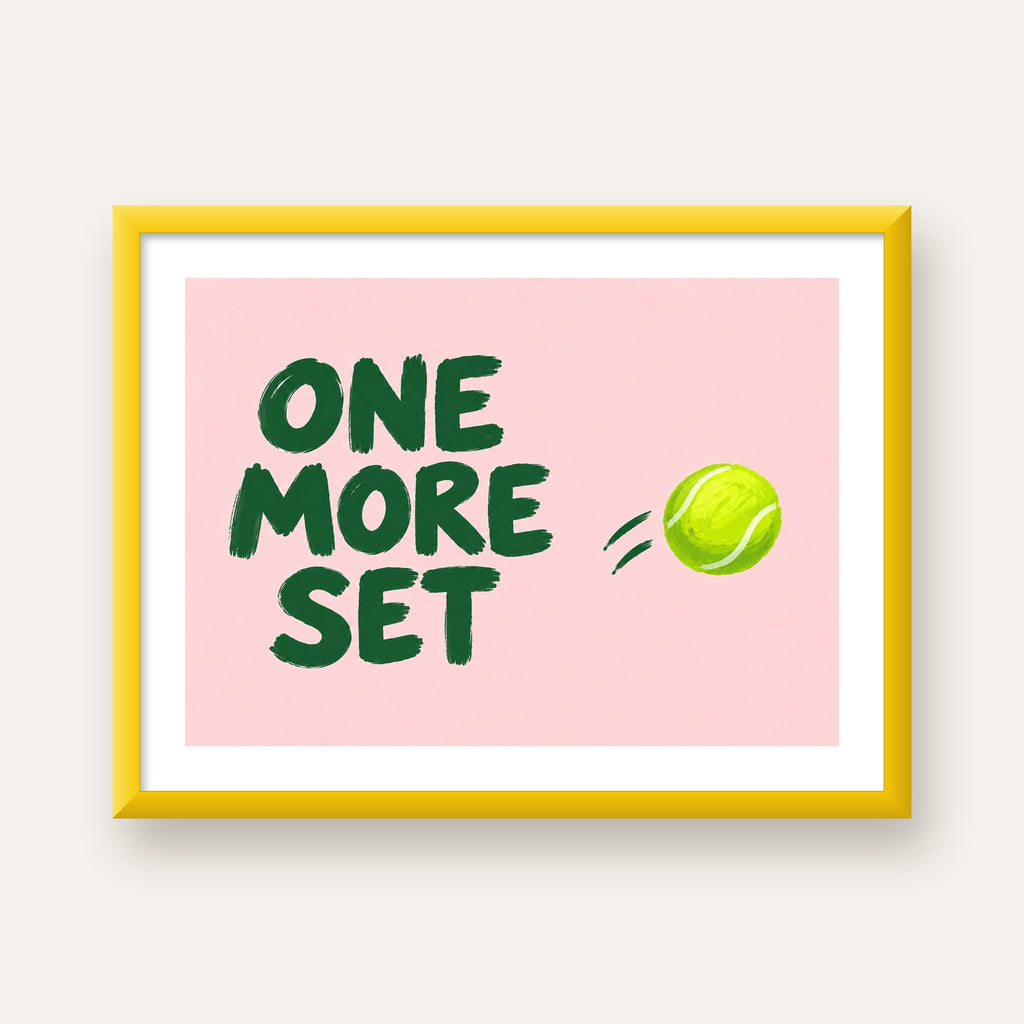 ONE MORE SET Motivasyon Tenis Posteri – Modern Duvar Dekoru — sarı çerçeveli paspartulu