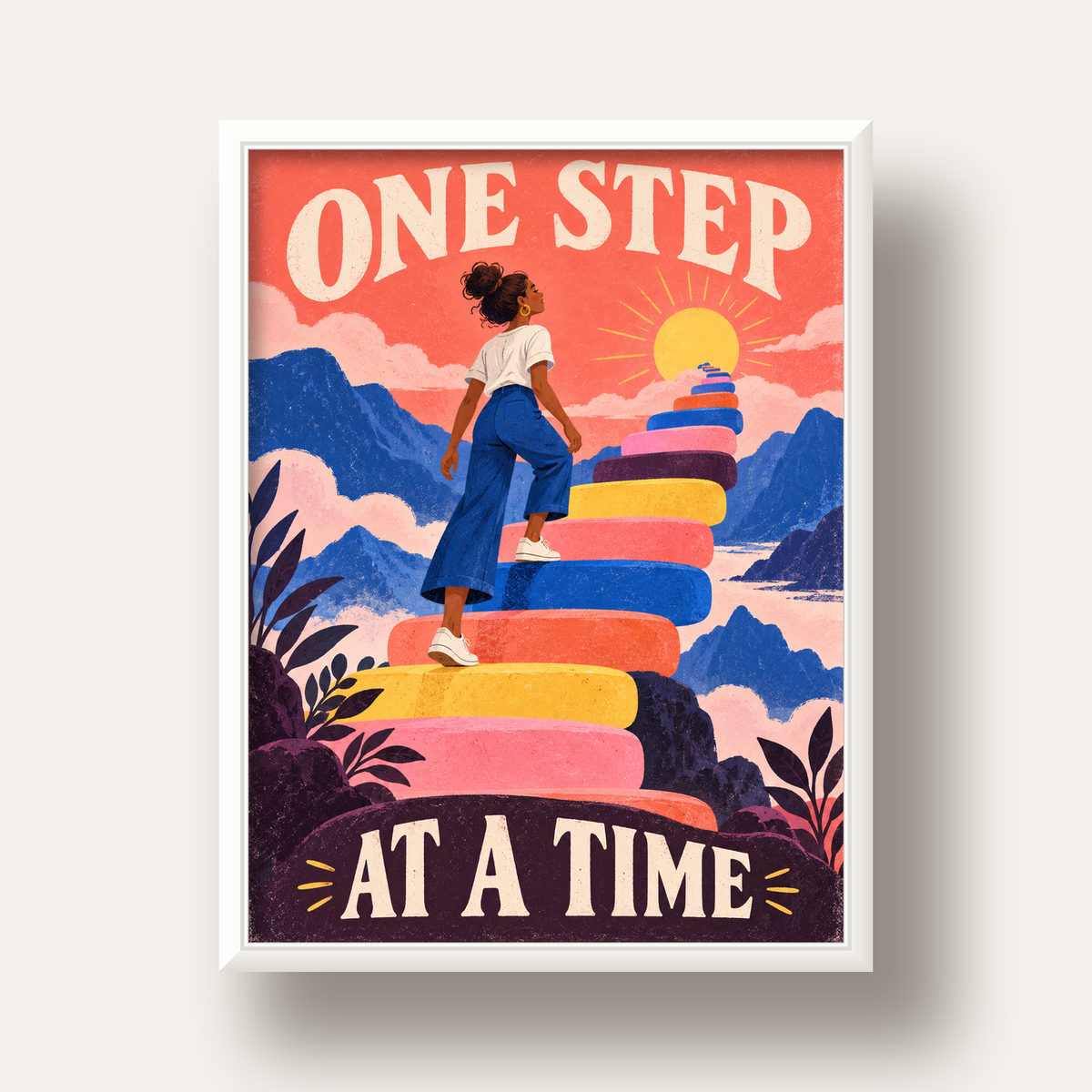 Motivasyonel Merdiven ve Güneş Modern Poster - ONE STEP AT A TIME — beyaz derin çerçeveli
