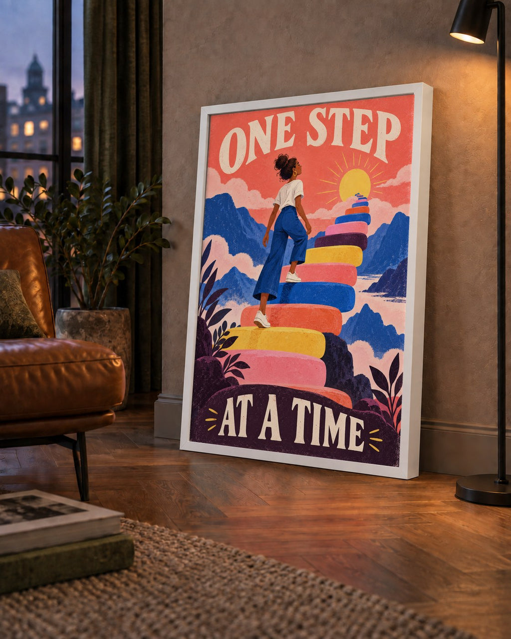 Motivasyonel Merdiven ve Güneş Modern Poster - ONE STEP AT A TIME — çerçeveli hâliyle bir ev duvarında