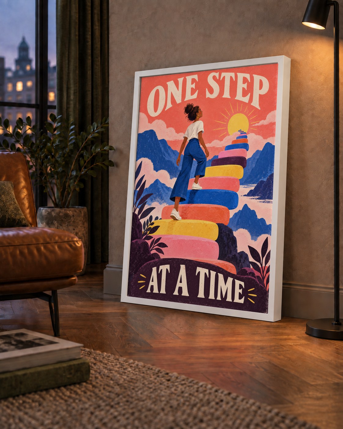 Motivasyonel Merdiven ve Güneş Modern Poster - ONE STEP AT A TIME — çerçeveli hâliyle bir ev duvarında