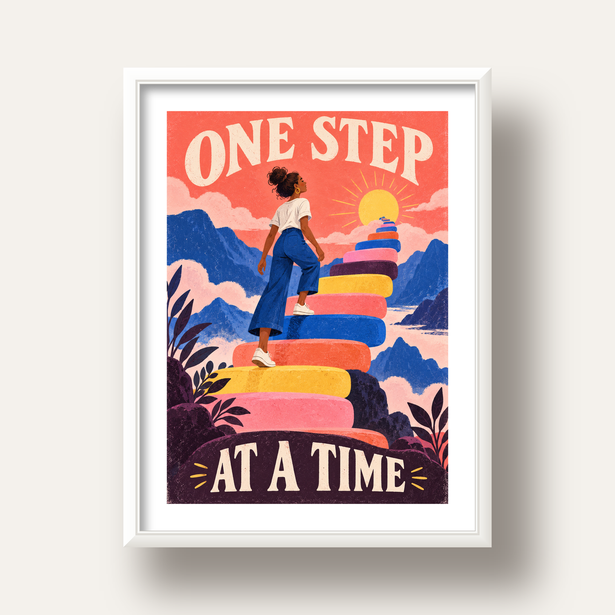 Motivasyonel Merdiven ve Güneş Modern Poster - ONE STEP AT A TIME — beyaz derin çerçeveli paspartulu