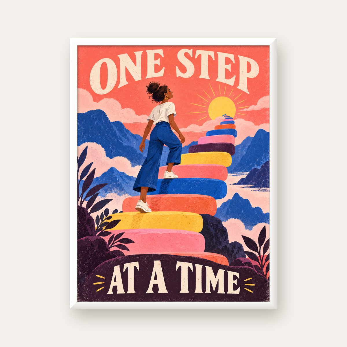 Motivasyonel Merdiven ve Güneş Modern Poster - ONE STEP AT A TIME — beyaz çerçeveli dikey poster