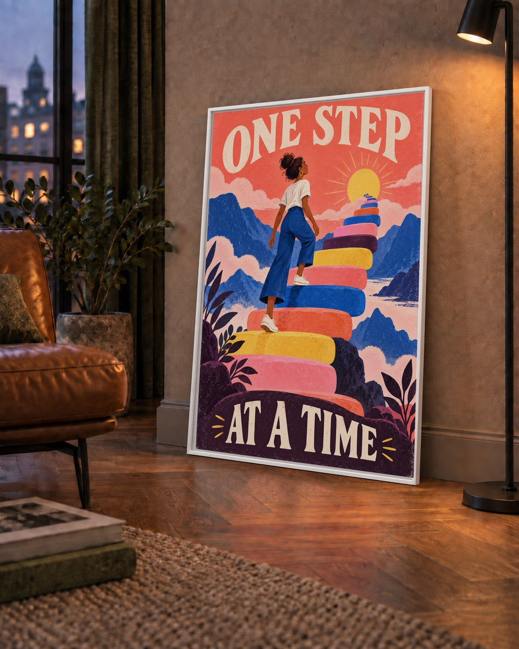 Motivasyonel Merdiven ve Güneş Modern Poster - ONE STEP AT A TIME — çerçeveli hâliyle bir ev duvarında