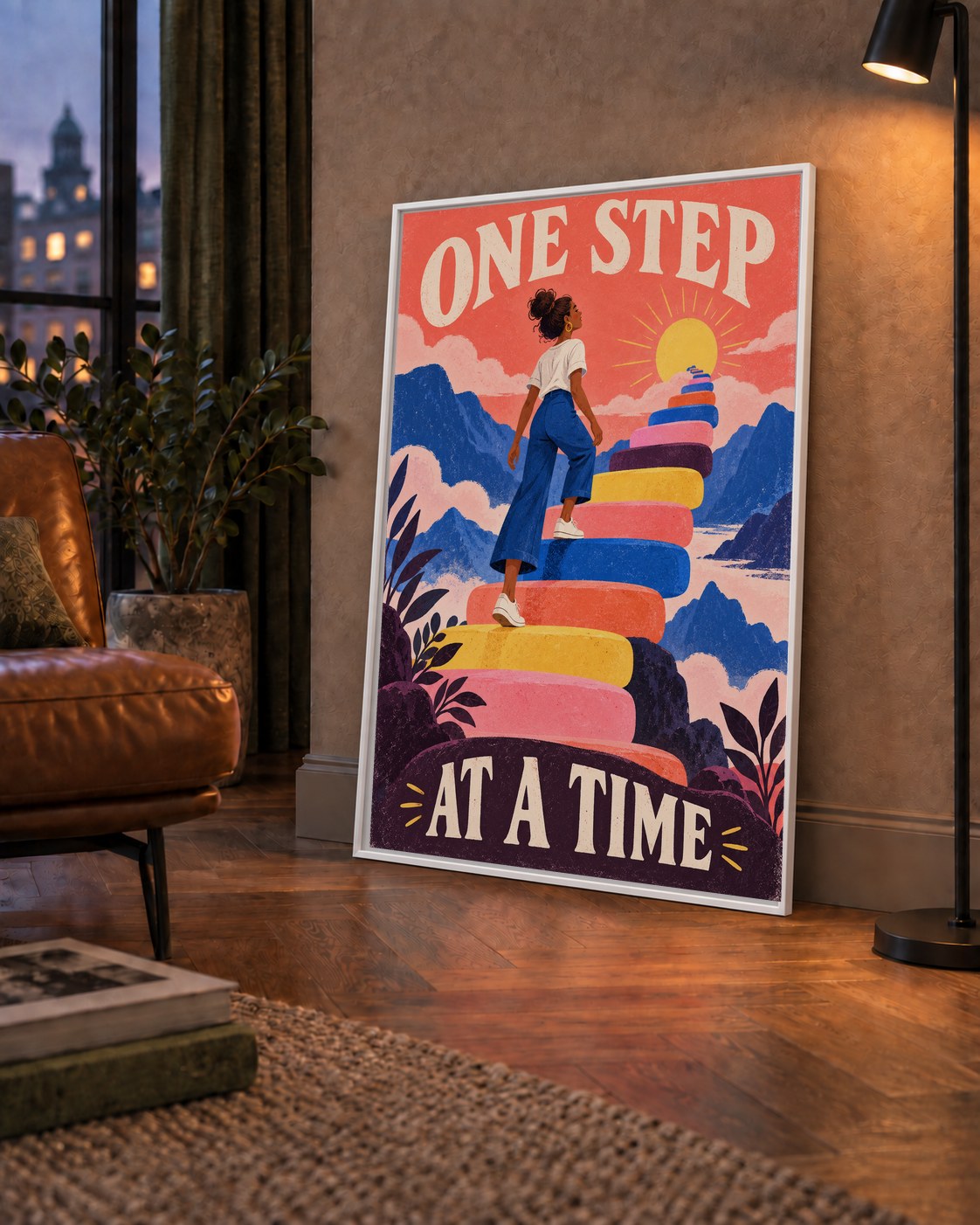 Motivasyonel Merdiven ve Güneş Modern Poster - ONE STEP AT A TIME — çerçeveli hâliyle bir ev duvarında