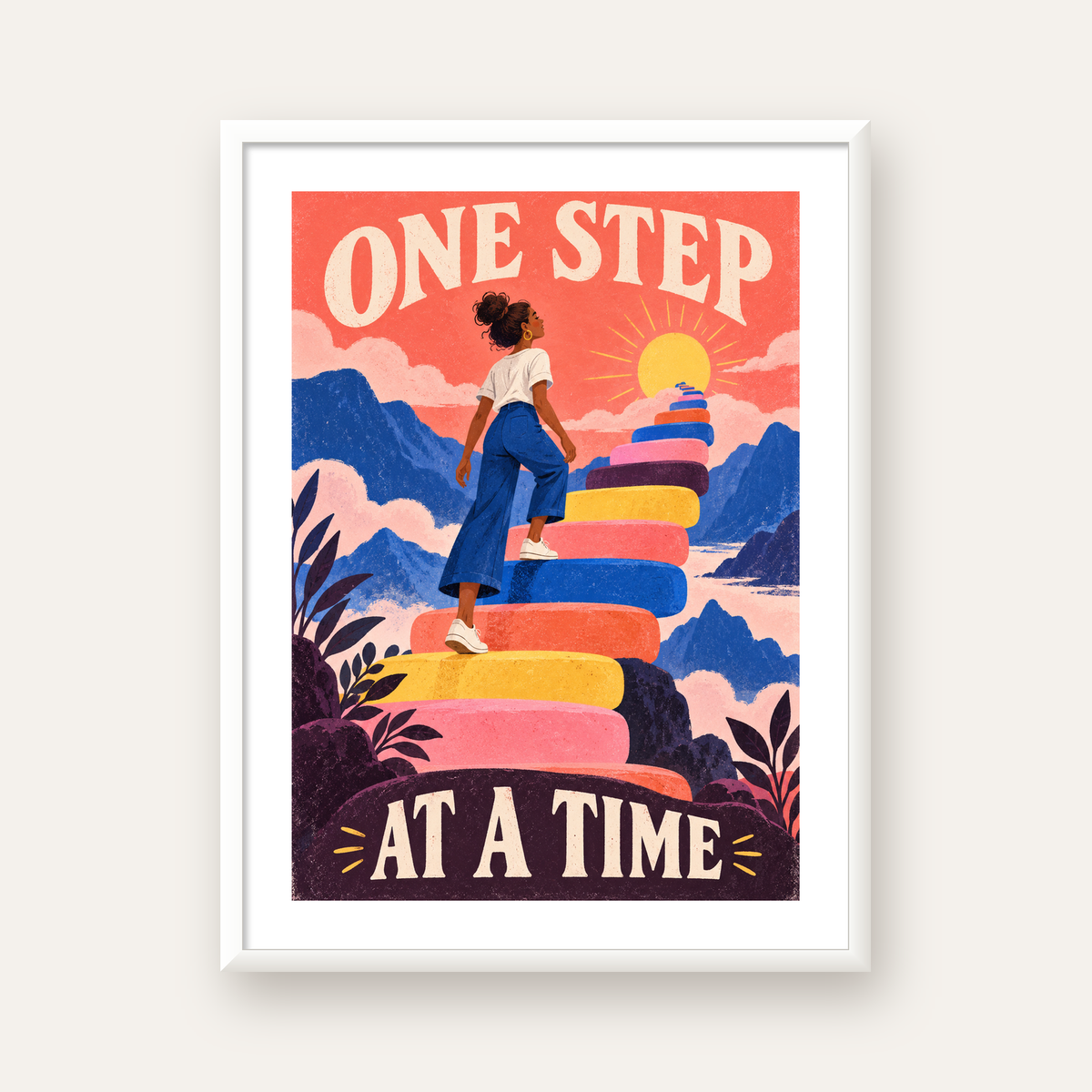 Motivasyonel Merdiven ve Güneş Modern Poster - ONE STEP AT A TIME — beyaz çerçeveli dikey poster