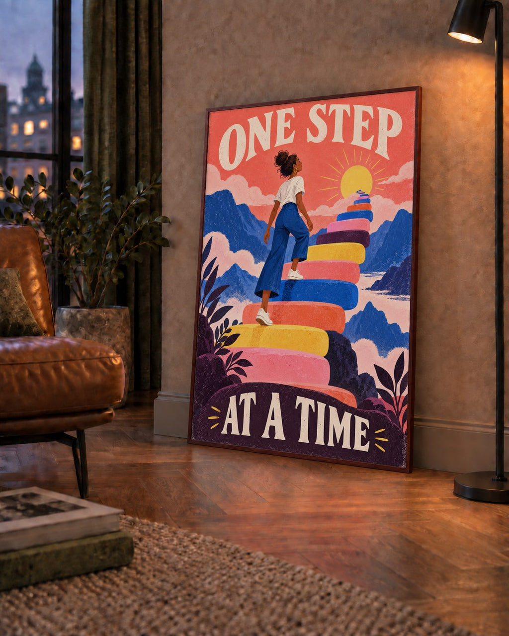 Motivasyonel Merdiven ve Güneş Modern Poster - ONE STEP AT A TIME — çerçeveli hâliyle bir ev duvarında