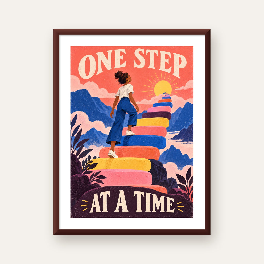 Motivasyonel Merdiven ve Güneş Modern Poster - ONE STEP AT A TIME — ceviz çerçeveli paspartulu