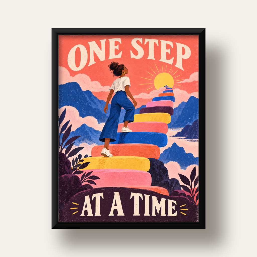 Motivasyonel Merdiven ve Güneş Modern Poster - ONE STEP AT A TIME — siyah derin çerçeveli