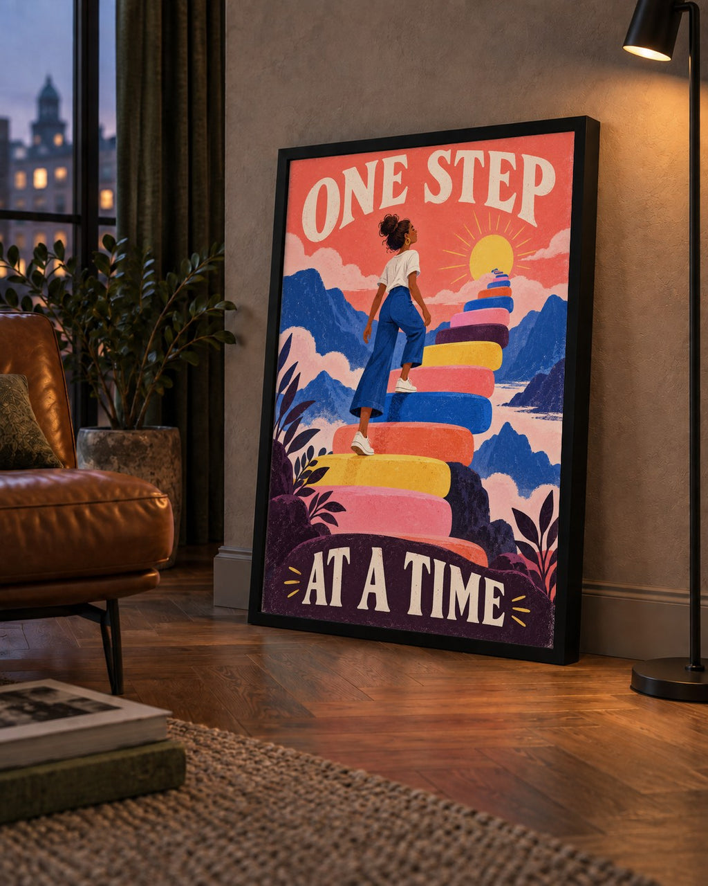 Motivasyonel Merdiven ve Güneş Modern Poster - ONE STEP AT A TIME — çerçeveli hâliyle bir ev duvarında