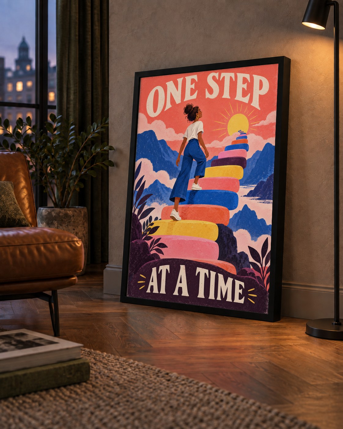 Motivasyonel Merdiven ve Güneş Modern Poster - ONE STEP AT A TIME — çerçeveli hâliyle bir ev duvarında
