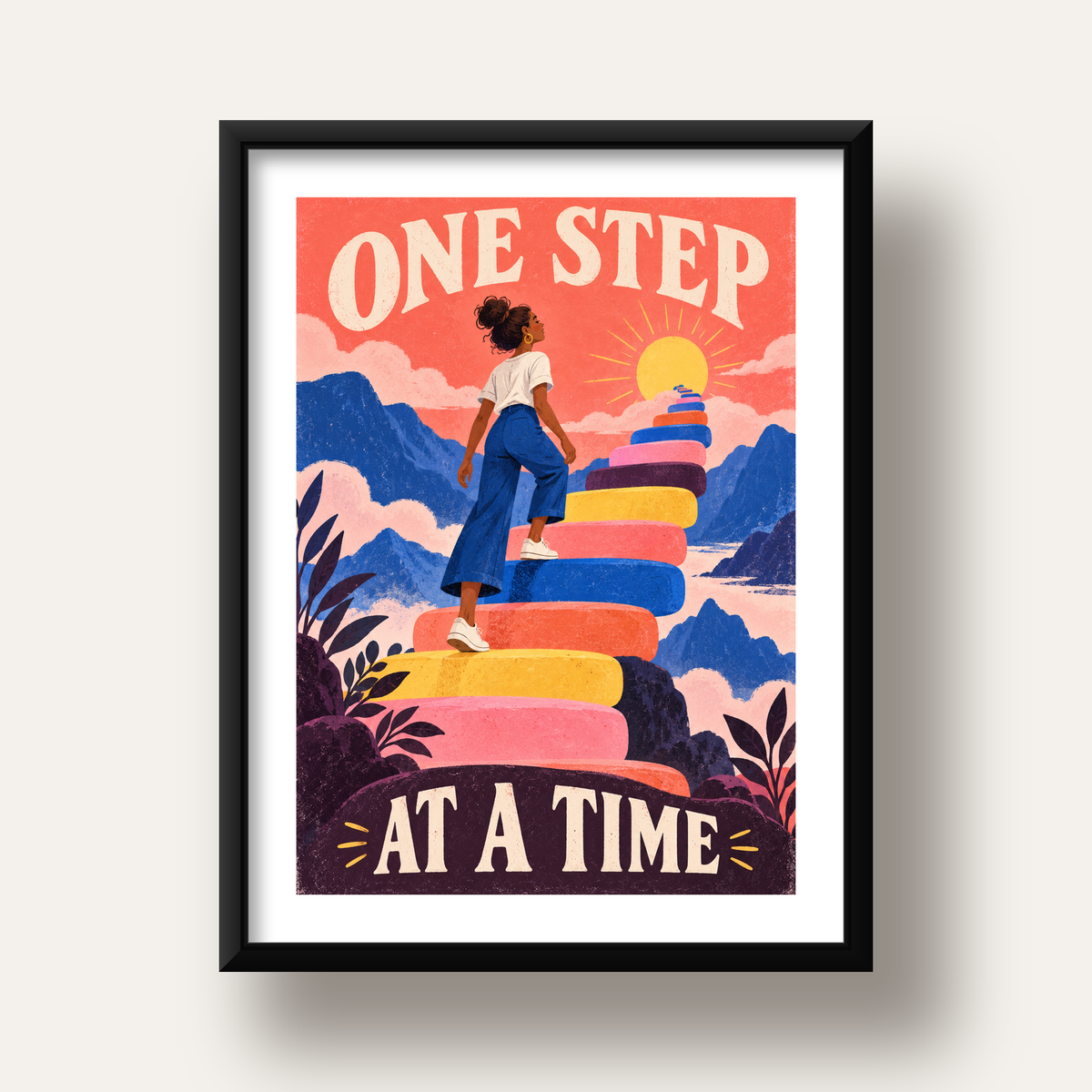 Motivasyonel Merdiven ve Güneş Modern Poster - ONE STEP AT A TIME — siyah derin çerçeveli paspartulu