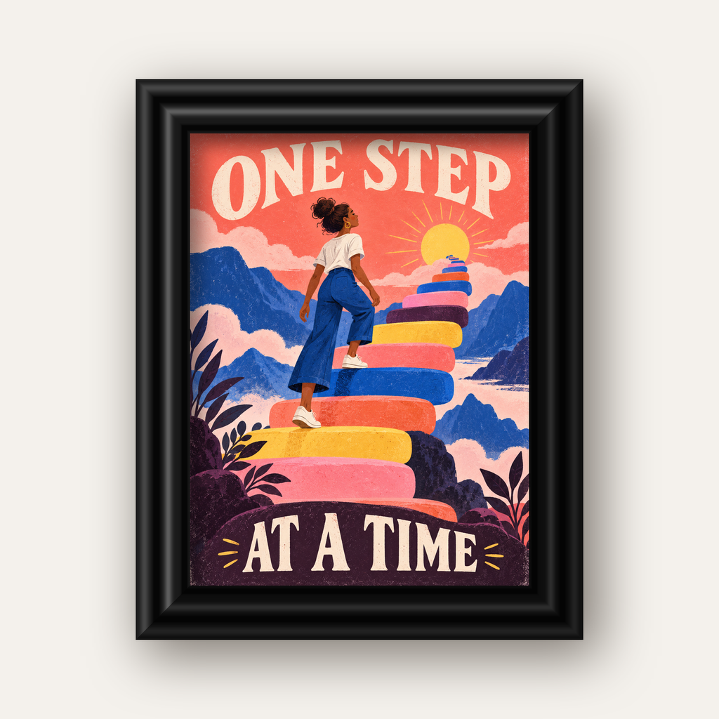 Motivasyonel Merdiven ve Güneş Modern Poster - ONE STEP AT A TIME — siyah galeri çerçeveli