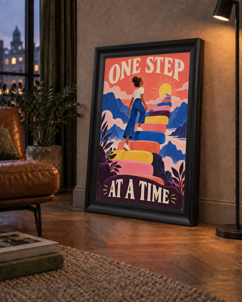 Motivasyonel Merdiven ve Güneş Modern Poster - ONE STEP AT A TIME — çerçeveli hâliyle bir ev duvarında
