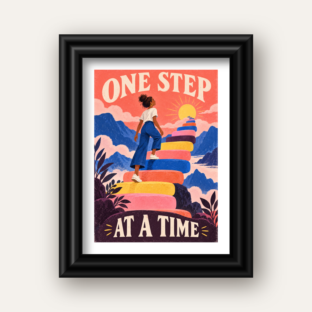 Motivasyonel Merdiven ve Güneş Modern Poster - ONE STEP AT A TIME — siyah galeri çerçeveli paspartulu