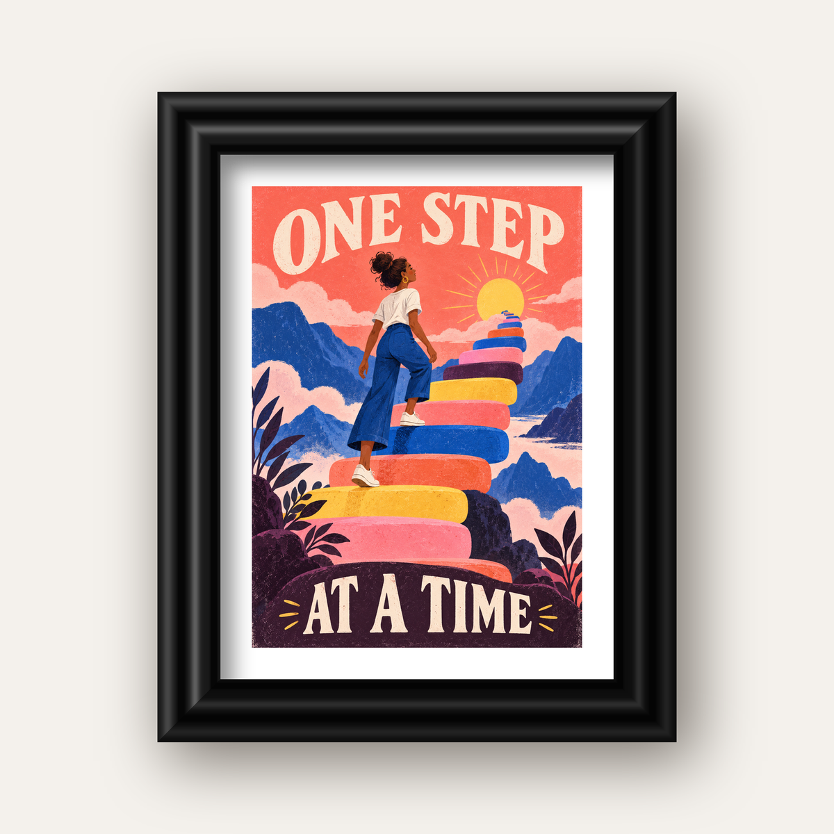 Motivasyonel Merdiven ve Güneş Modern Poster - ONE STEP AT A TIME — siyah galeri çerçeveli paspartulu