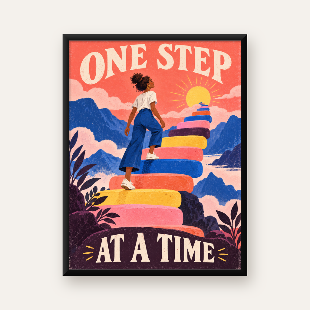 Motivasyonel Merdiven ve Güneş Modern Poster - ONE STEP AT A TIME — Dikey baskı, düz siyah çerçeveli duvar posteri