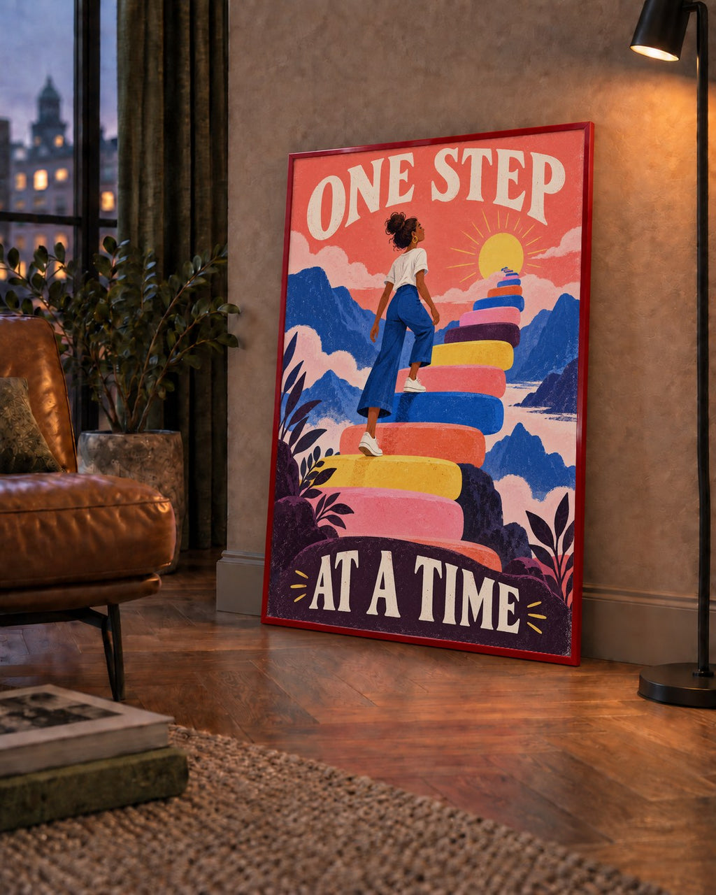Motivasyonel Merdiven ve Güneş Modern Poster - ONE STEP AT A TIME — çerçeveli hâliyle bir ev duvarında