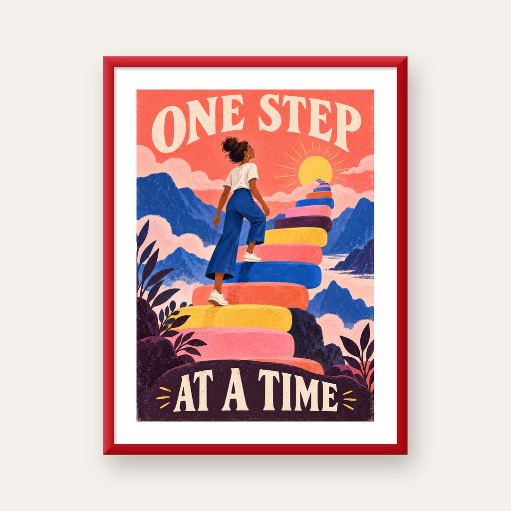 Motivasyonel Merdiven ve Güneş Modern Poster - ONE STEP AT A TIME — kırmızı çerçeveli paspartulu