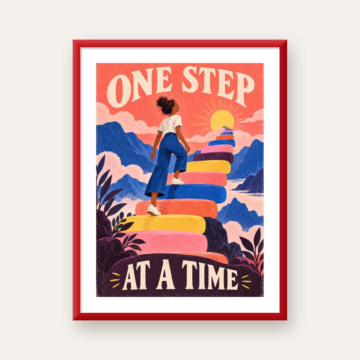 Motivasyonel Merdiven ve Güneş Modern Poster - ONE STEP AT A TIME — kırmızı çerçeveli paspartulu
