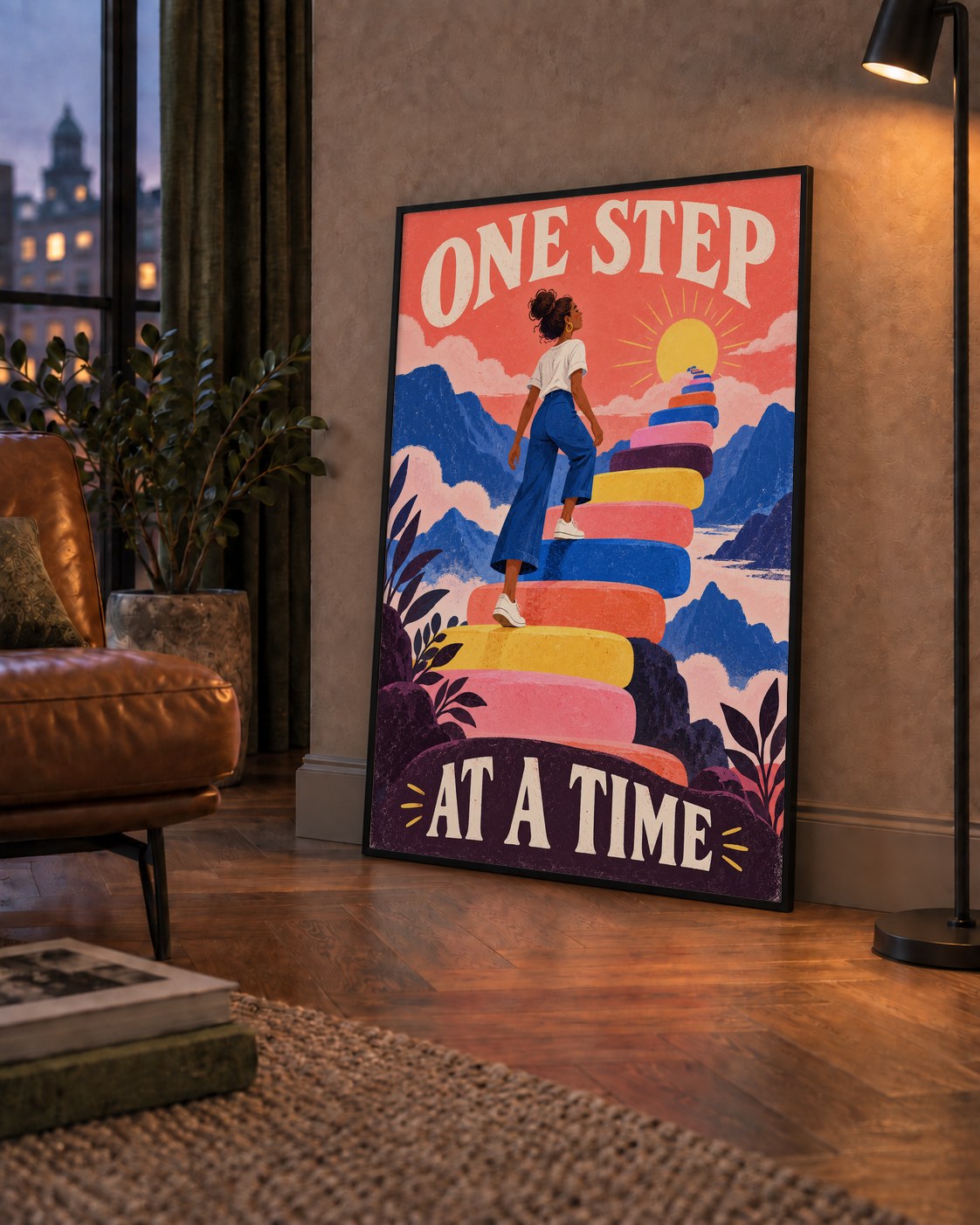 Motivasyonel Merdiven ve Güneş Modern Poster - ONE STEP AT A TIME — çerçeveli hâliyle bir ev duvarında