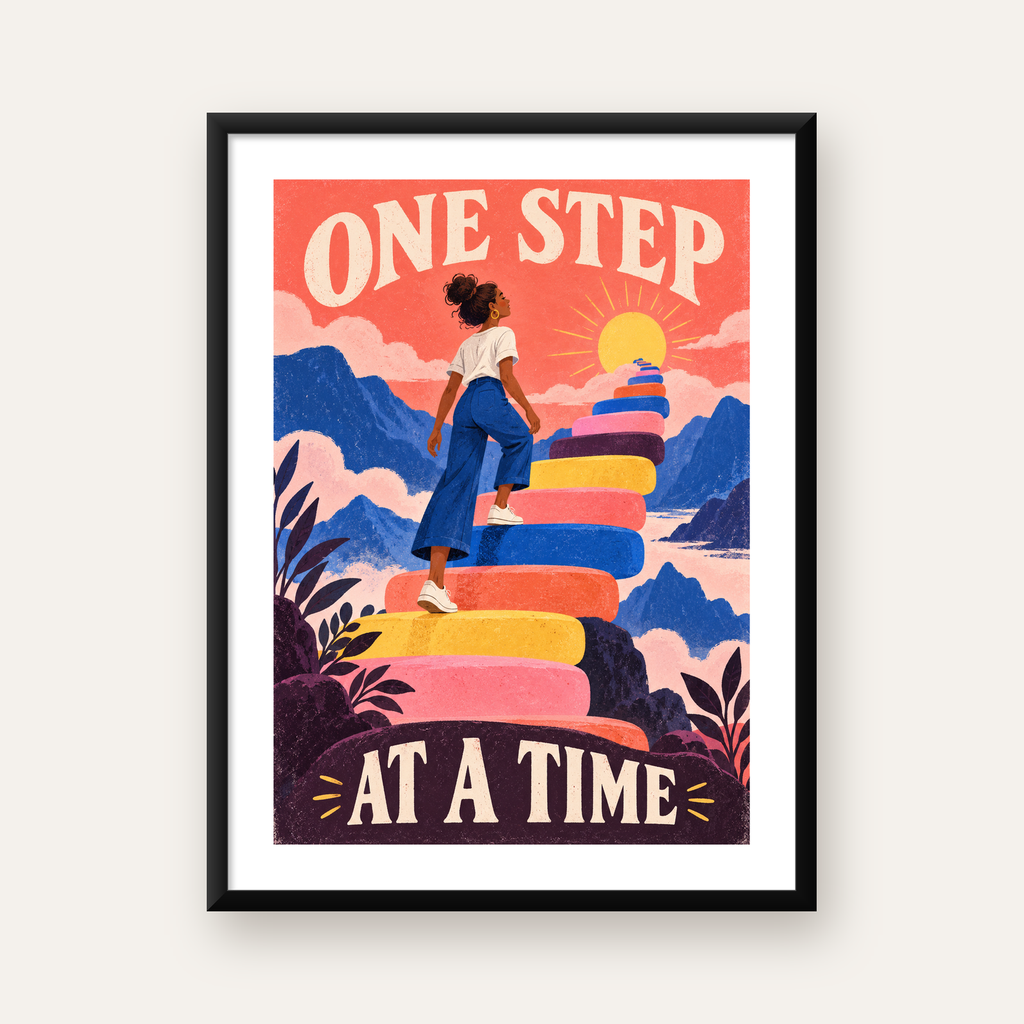 Motivasyonel Merdiven ve Güneş Modern Poster - ONE STEP AT A TIME — Dikey baskı, beyaz paspartulu