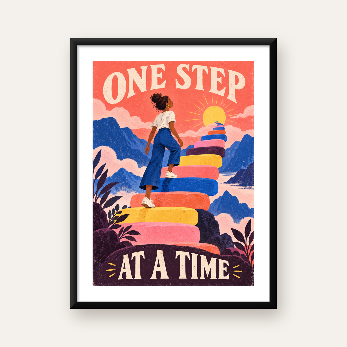 Motivasyonel Merdiven ve Güneş Modern Poster - ONE STEP AT A TIME — Dikey baskı, beyaz paspartulu