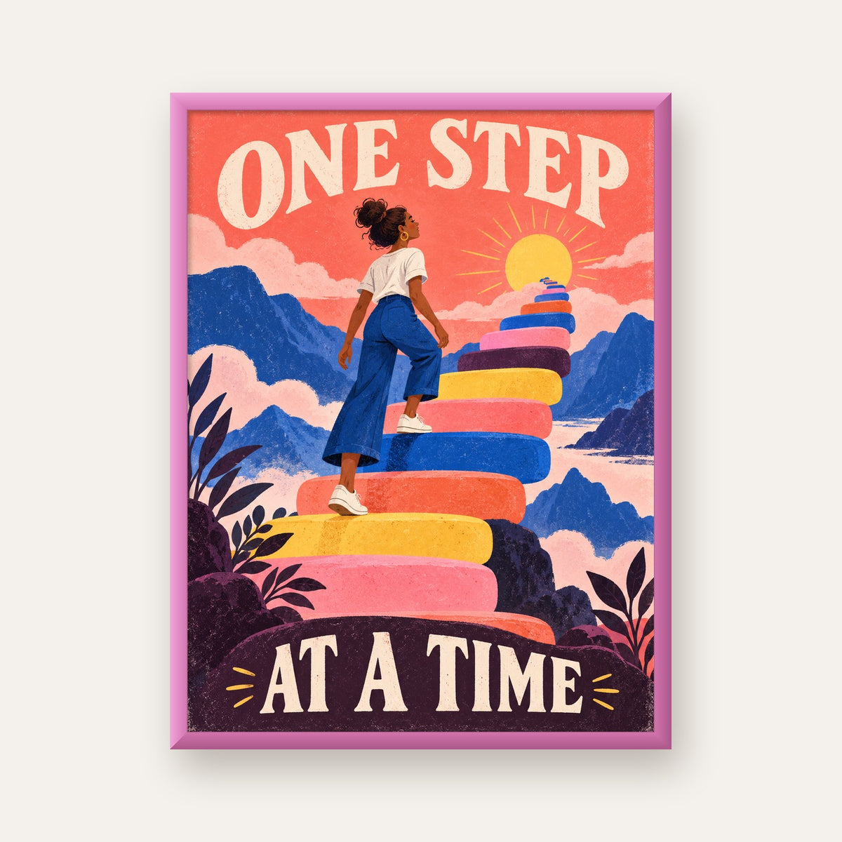 Motivasyonel Merdiven ve Güneş Modern Poster - ONE STEP AT A TIME — pembe çerçeveli
