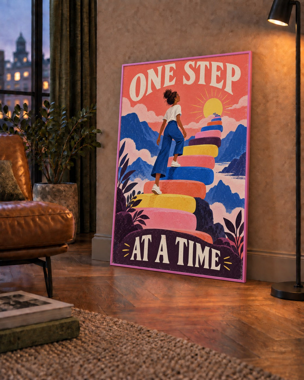 Motivasyonel Merdiven ve Güneş Modern Poster - ONE STEP AT A TIME — çerçeveli hâliyle bir ev duvarında