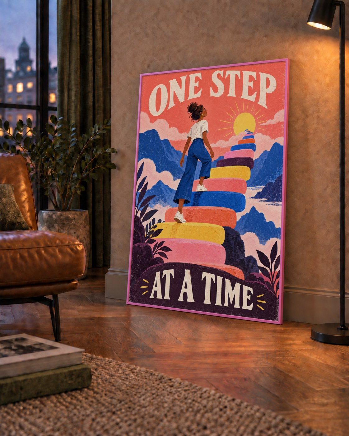 Motivasyonel Merdiven ve Güneş Modern Poster - ONE STEP AT A TIME — çerçeveli hâliyle bir ev duvarında
