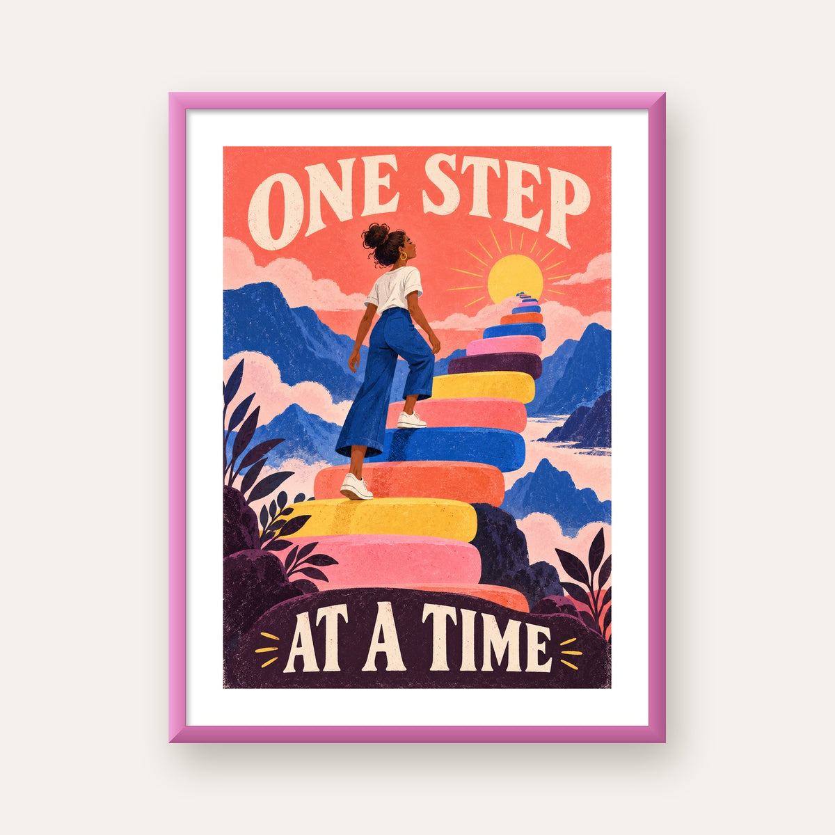 Motivasyonel Merdiven ve Güneş Modern Poster - ONE STEP AT A TIME — pembe çerçeveli paspartulu