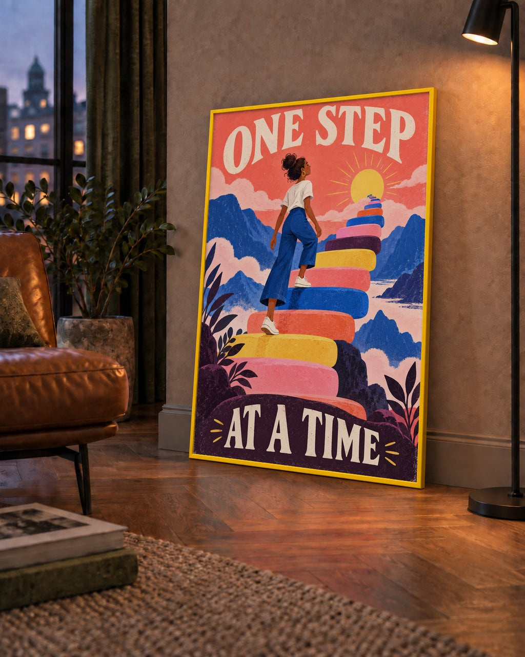 Motivasyonel Merdiven ve Güneş Modern Poster - ONE STEP AT A TIME — çerçeveli hâliyle bir ev duvarında