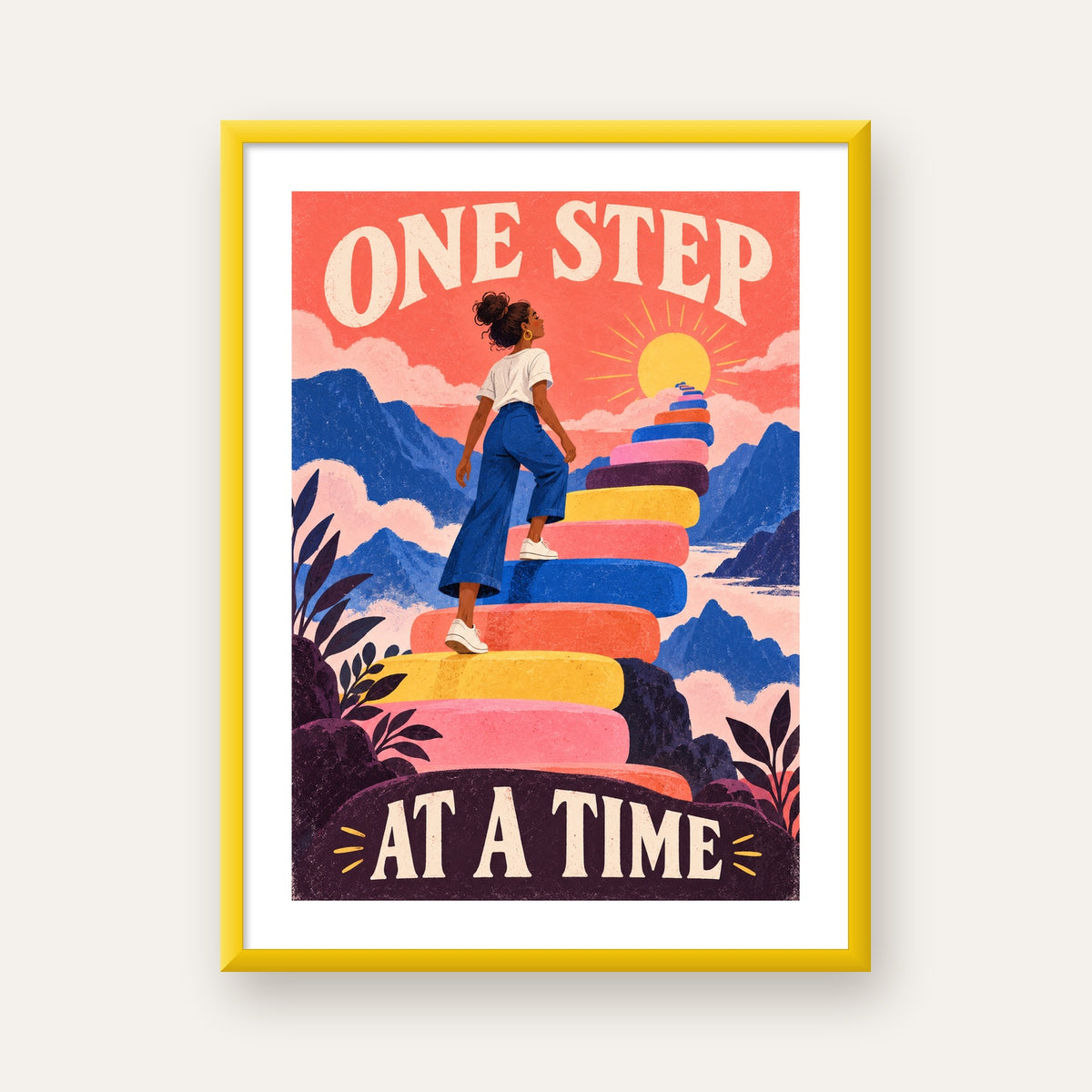 Motivasyonel Merdiven ve Güneş Modern Poster - ONE STEP AT A TIME — sarı çerçeveli paspartulu