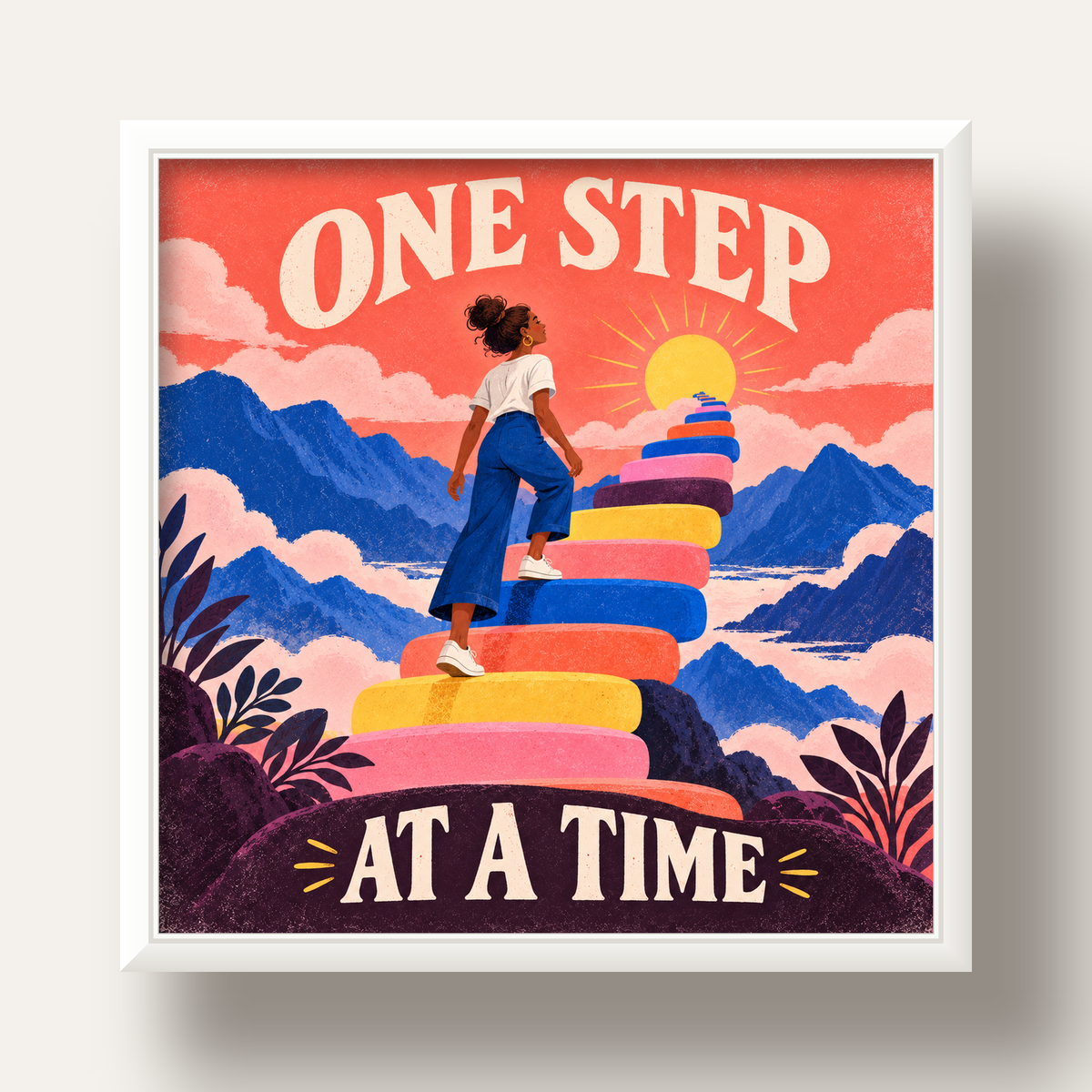 Motivasyonel Merdiven ve Güneş Modern Poster - ONE STEP AT A TIME — beyaz derin çerçeveli