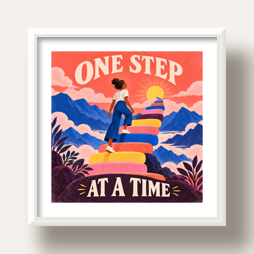 Motivasyonel Merdiven ve Güneş Modern Poster - ONE STEP AT A TIME — beyaz derin çerçeveli paspartulu