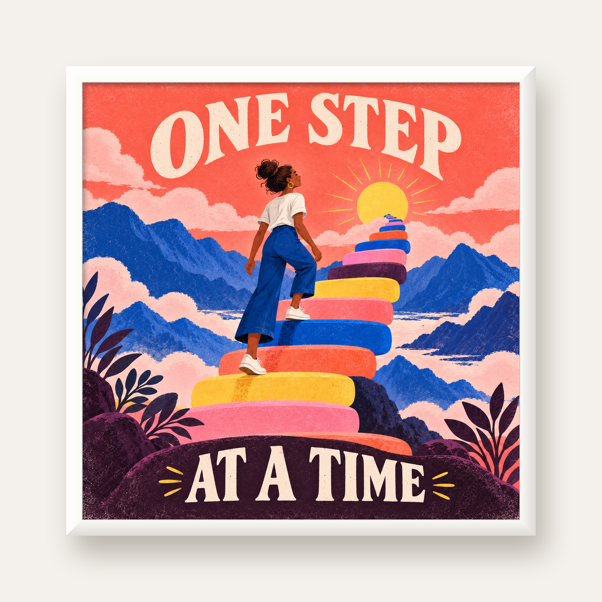 Motivasyonel Merdiven ve Güneş Modern Poster - ONE STEP AT A TIME — beyaz çerçeveli kare poster