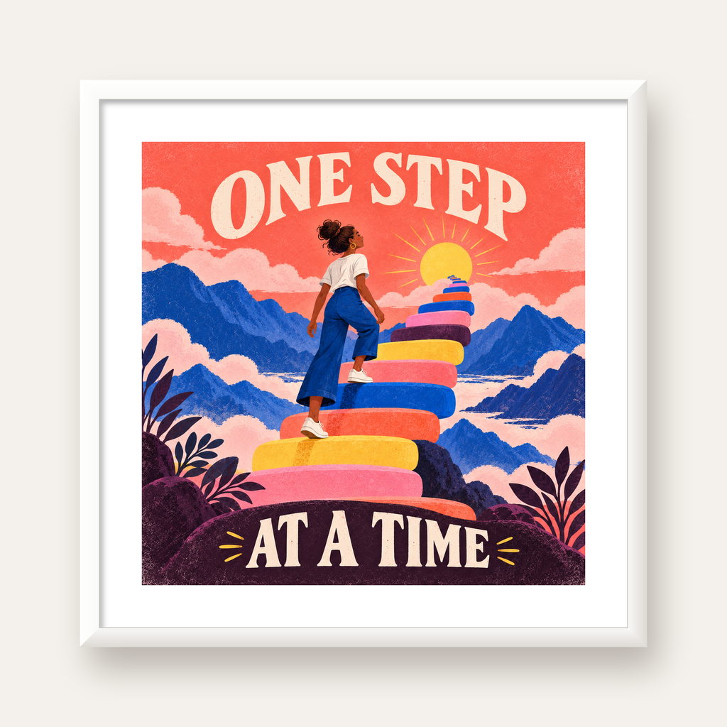 Motivasyonel Merdiven ve Güneş Modern Poster - ONE STEP AT A TIME — beyaz çerçeveli kare poster