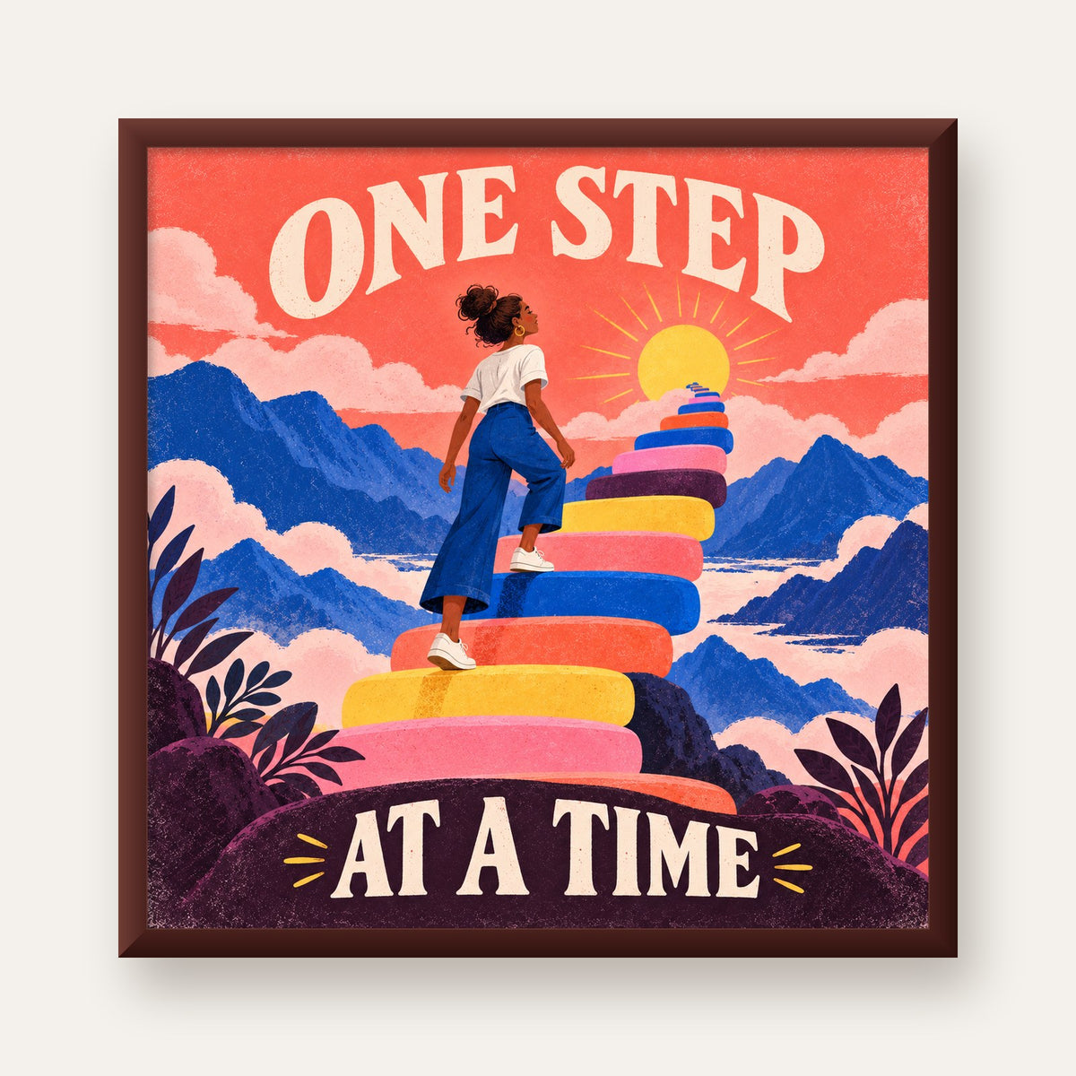 Motivasyonel Merdiven ve Güneş Modern Poster - ONE STEP AT A TIME — ceviz çerçeveli