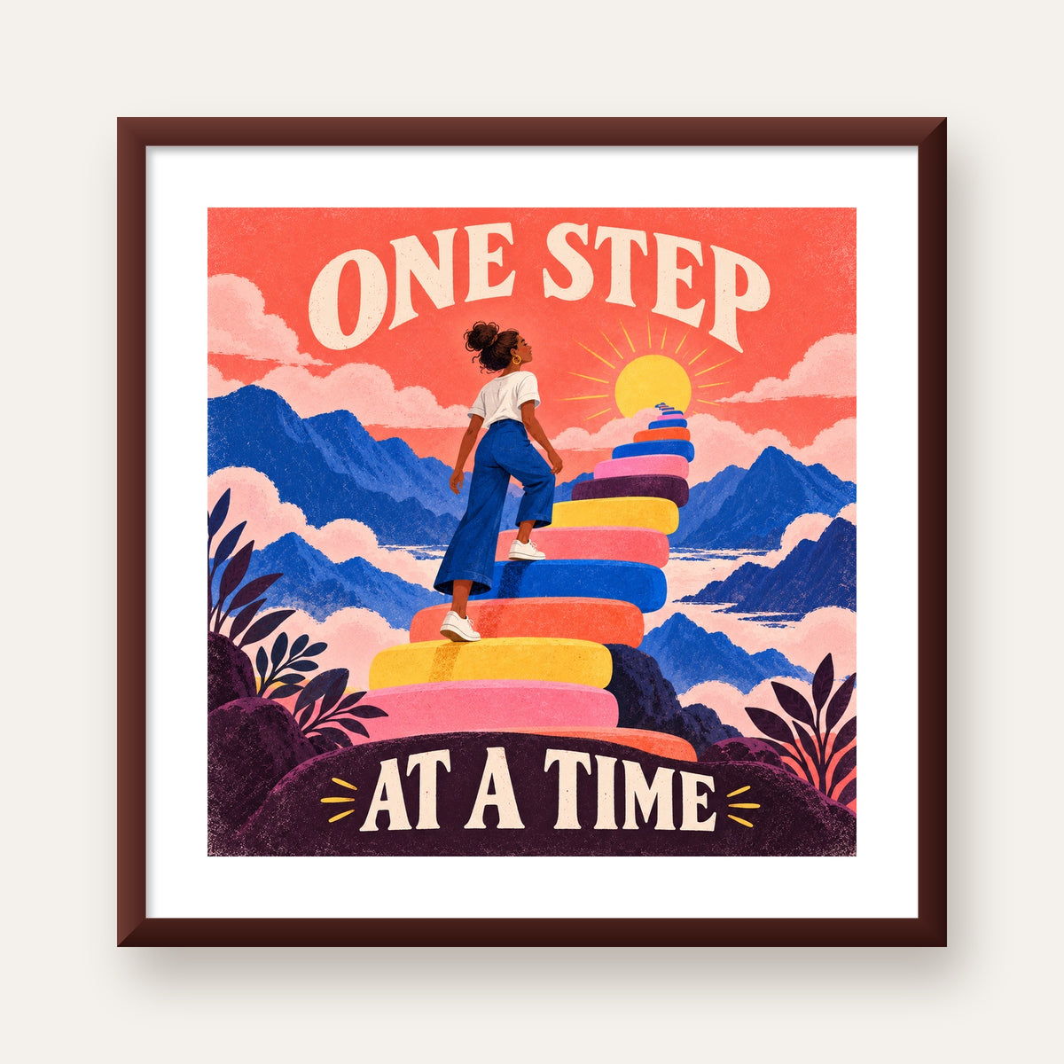 Motivasyonel Merdiven ve Güneş Modern Poster - ONE STEP AT A TIME — ceviz çerçeveli paspartulu