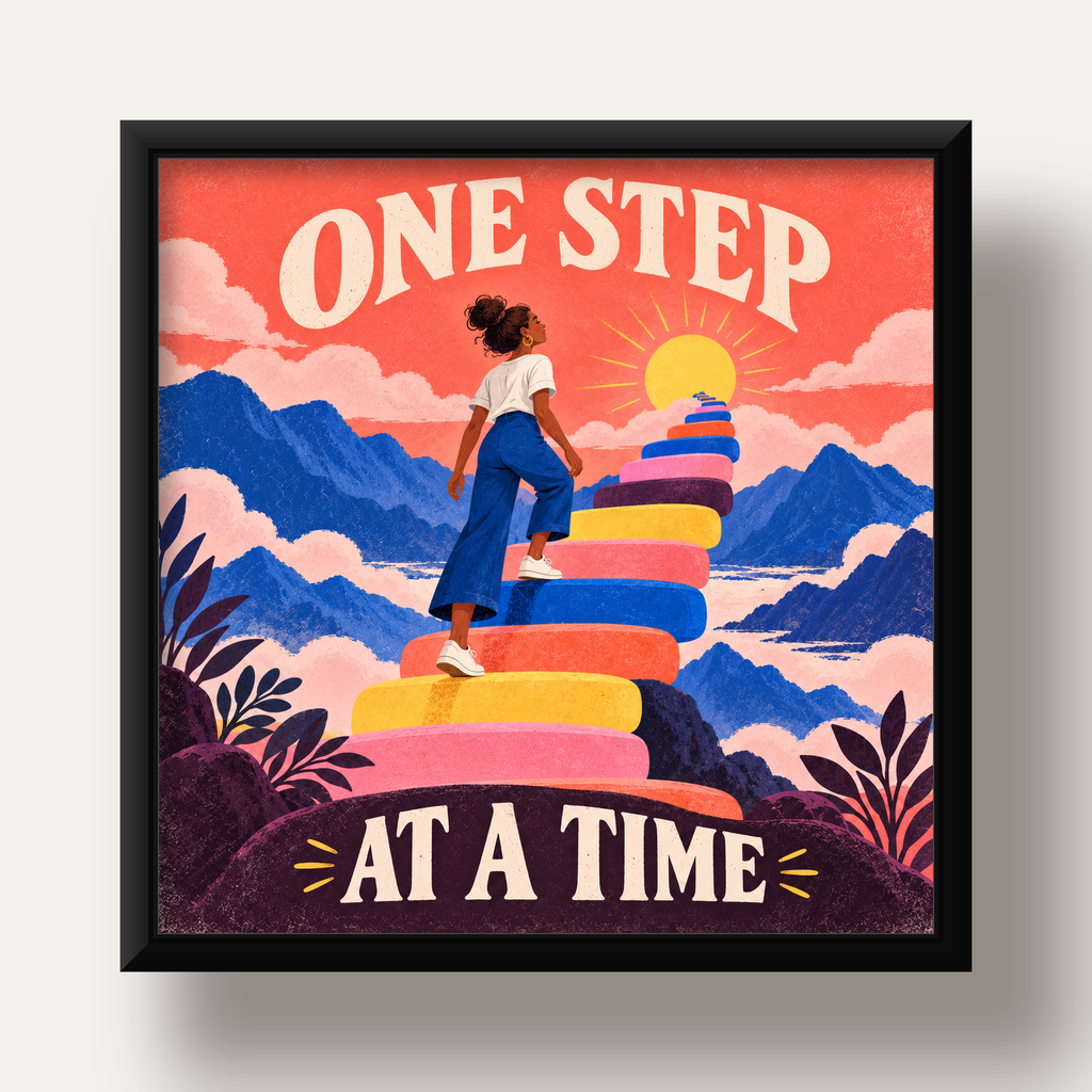 Motivasyonel Merdiven ve Güneş Modern Poster - ONE STEP AT A TIME — siyah derin çerçeveli