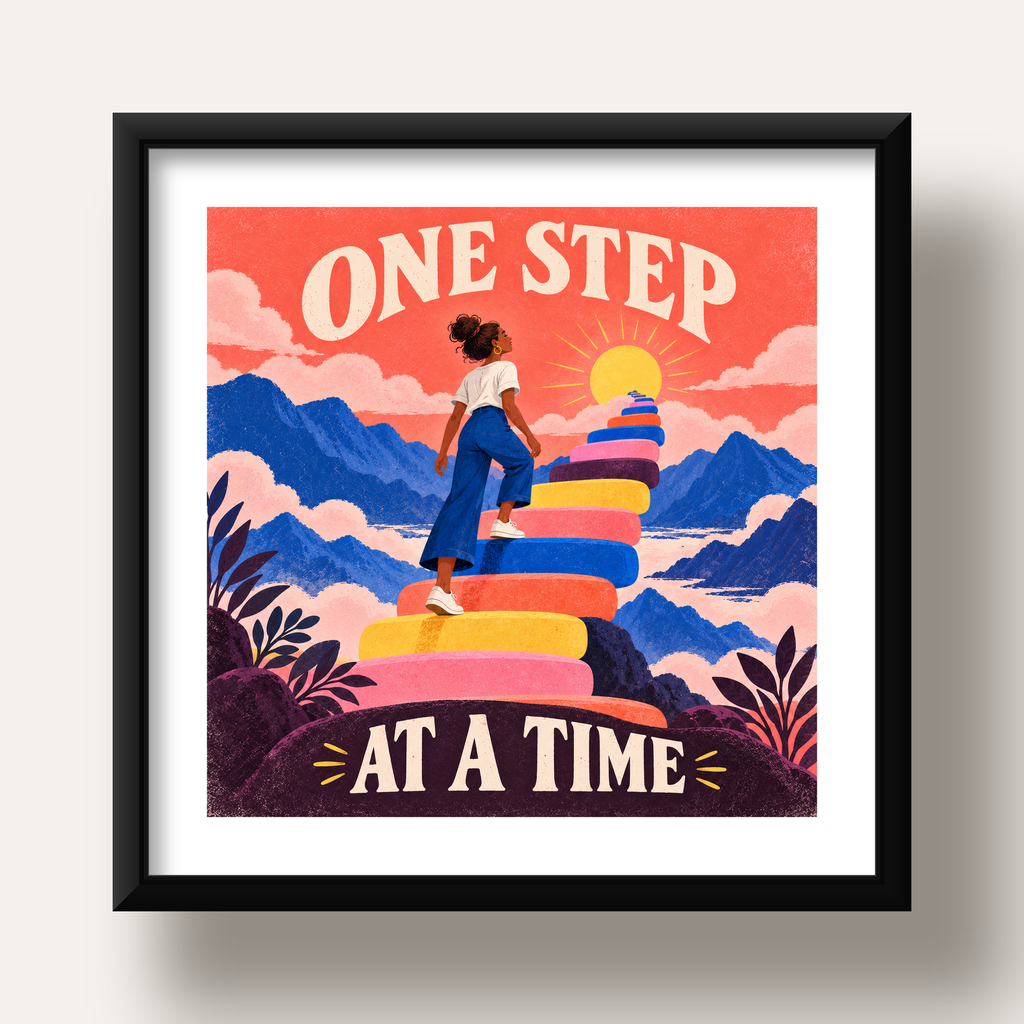 Motivasyonel Merdiven ve Güneş Modern Poster - ONE STEP AT A TIME — siyah derin çerçeveli paspartulu