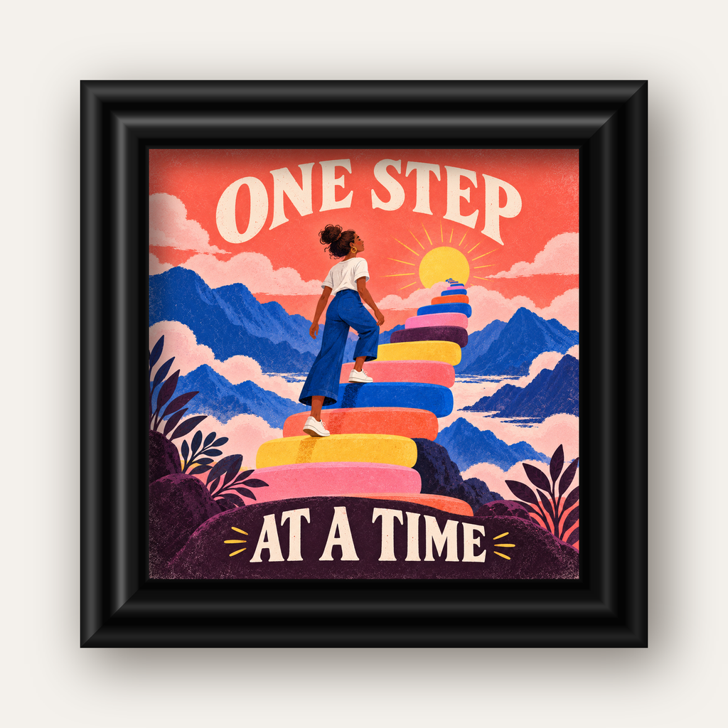 Motivasyonel Merdiven ve Güneş Modern Poster - ONE STEP AT A TIME — siyah galeri çerçeveli