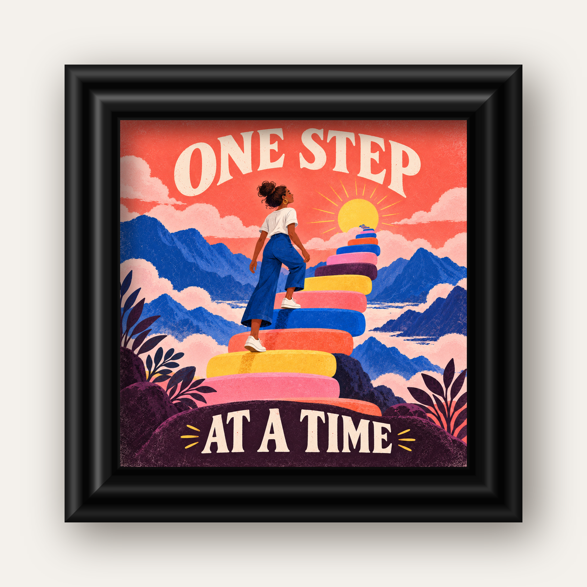 Motivasyonel Merdiven ve Güneş Modern Poster - ONE STEP AT A TIME — siyah galeri çerçeveli