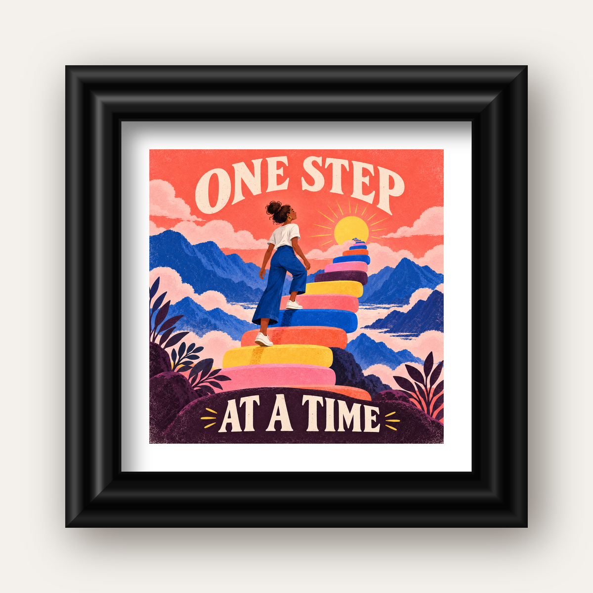 Motivasyonel Merdiven ve Güneş Modern Poster - ONE STEP AT A TIME — siyah galeri çerçeveli paspartulu