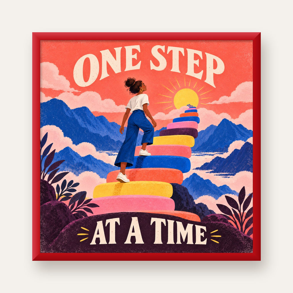 Motivasyonel Merdiven ve Güneş Modern Poster - ONE STEP AT A TIME — kırmızı çerçeveli